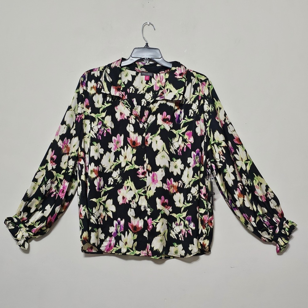 Vince Camuto Top Blouse Rich Black Pink Long‎ Sleeves Front Button Collar 0701